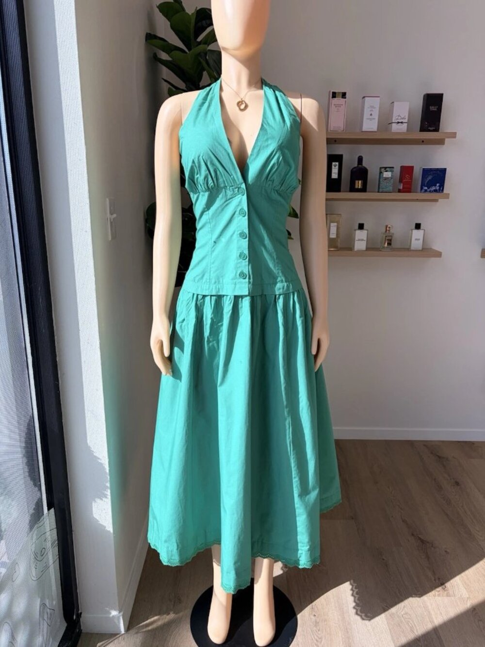 Anthropologie Halter Sleeveless Button Front Solid Midi Dress Green Size M